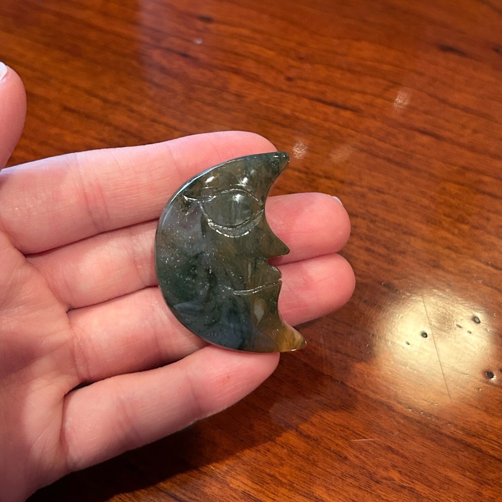 Moss Agate Carved Crystal Moon Stone - Picture 6 of 7